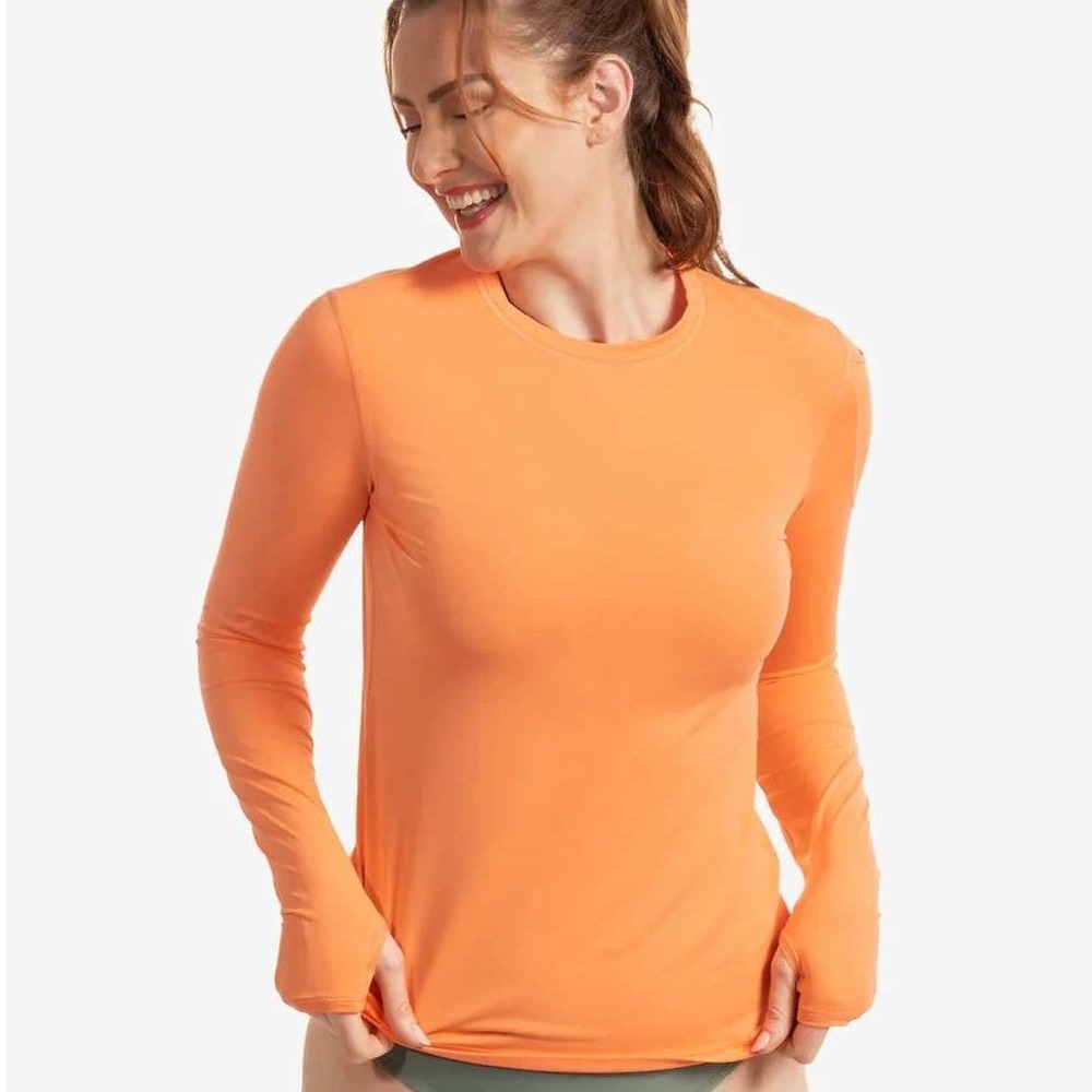 BloqUV Womens Orange UPF 50+ Long Sleeve Sun Shirt Thumbholes Golf Swim Small